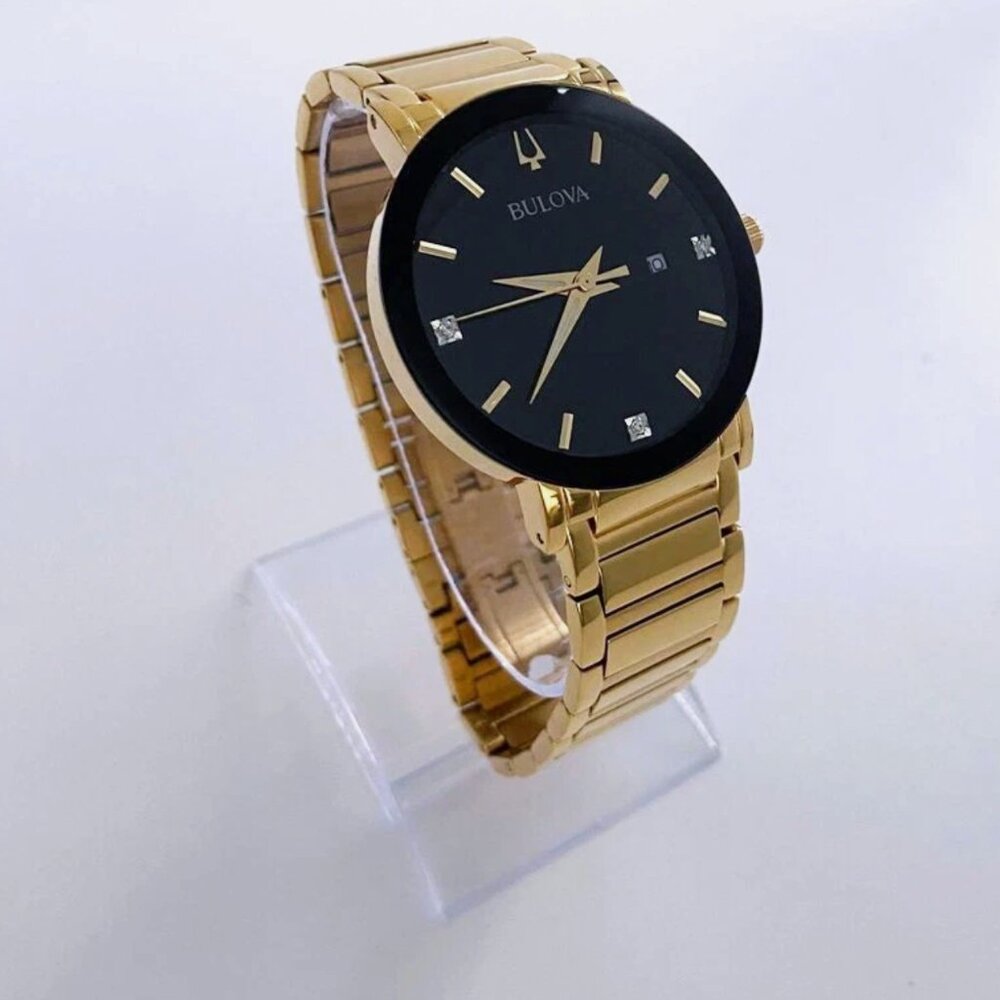 Classic Bulova Modern Stainless Steel Men Black Gold Watch 42mm